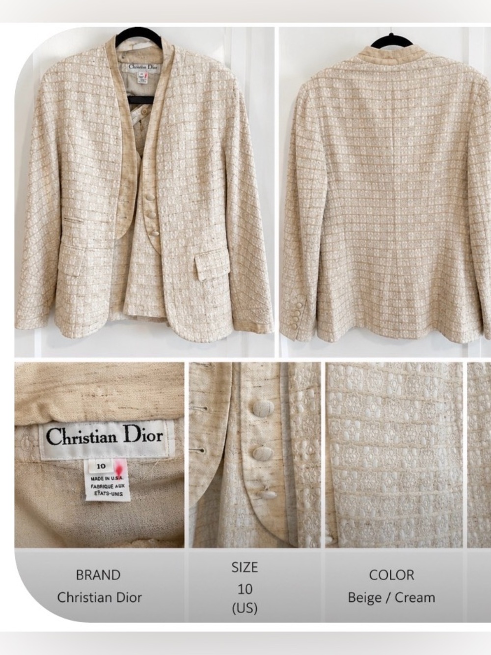 VINTAGE SET (blazer + Skirt) Dior Cream Textured Cotton Blend Blazer Jacket